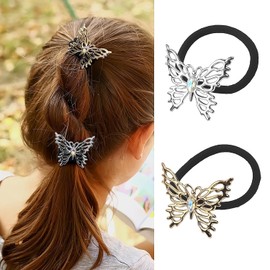 Butterfly Hair Ties for Women, Gold Silver Metal Hair Cuffs Hair Accessories Elastic Hair Ties Ponytail Cuffs Butterfly Hair Bands for Both Thick Hair and Thin Hair 2pcs