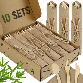 Pre Rolled Napkin and Bamboo Cutlery Set - 10Pack Bamboo Utensils/Compostable Cutlery with Brown Napkins, Biodegradable Wrapped Cutlery for Party, Wedding, Events