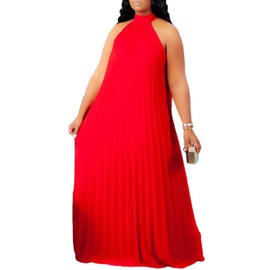 Plus Size Maxi Dresses for Women Sleeveless Halter Neck Chiffon Pleated Loose Flowy Long Summer Beach Dresses Red 4X-Large