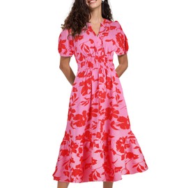 ALLOVIN Womens 2025 Floral Summer Midi Dress with Pockets - V-Neck A-Line Short Sleeve Smocked Waist, Ruffle Tiered Dress | Pink & Red Floral | Small