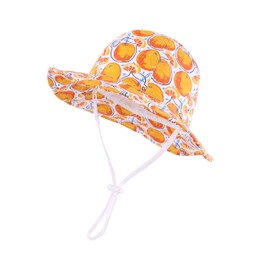 LANGZHEN Sun Beach Vibe Hat for Baby Girls Adjustable Toddler Kids Sun Protection Hat Wide Brim Summer Outdoor hat with Chin Strap(White-Orange,6-12Months (48cm /18.9"))