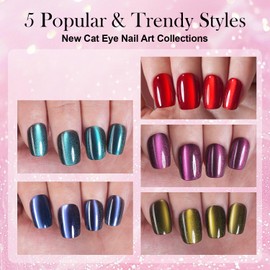 Vansiho 300Pcs Cat Eye Press on Nails, Glossy Glitter Cat Eye Designs Nail Tips for Women, Short Square Soft Gel Fake Nails, for Women and Girls Glossy Reusable Nail Tips in 15 Sizes