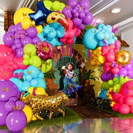 ALL-IN-1 Maribel Encanto Balloons Garland Decorations Arch Kit with BONUS Leopard for Encanto Birthday Party Supplies – Small and Large Purple, Teal, Yellow, Green, and Pink Balloons – Gold Butterfly