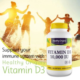 Healthy Origins, Vitamin D3, 10,000 IU, 360 Softgels, Lab Tested, Gluten Free, Soy Free, Non-GMO