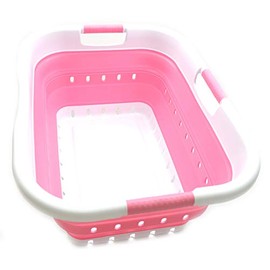 SAMMART 41L Collapsible 3 Handled Plastic Laundry Basket - Foldable Pop Up Storage Container/Organizer - Portable Washing Tub - Space Saving Hamper/Basket (3 handled rectangular, White/Pink)