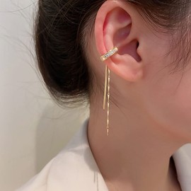 Bar Threader Tassel Cartilage CZ Clip On Cuff Wrap Small Hoop Earrings for Women Girls Sterling Silver Plated Non Pierced Fashion Fake Crystal Chain Drop Dangle Hanging Cuffs Jewelry Gifts (Gold)