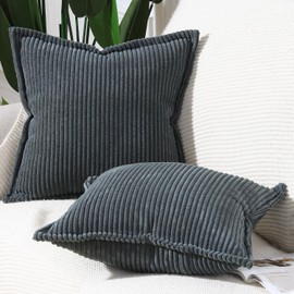 Madizz Dark Grey Corduroy Throw Pillow Covers 18x18 inch with Fringe Edge Set of 2 Super Soft Boho Striped Pillow Covers Broadside Decorative Textured Throw Pillows for Sofa Bedroom Pillow Shell