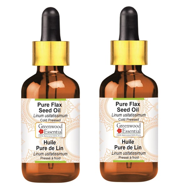 Greenwood Essential Natural Pure Flax Seed Oil (Linum usitatissimum) with Glass Dropper Natural Pure Therapeutic Quality Cold Pressed (Pack of Two) 100 ml x 2 (6.76 oz)
