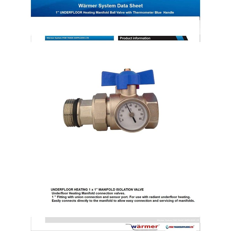1'' UNDERFLOOR Heating Manifold Ball Valve with Thermometer RED Blue