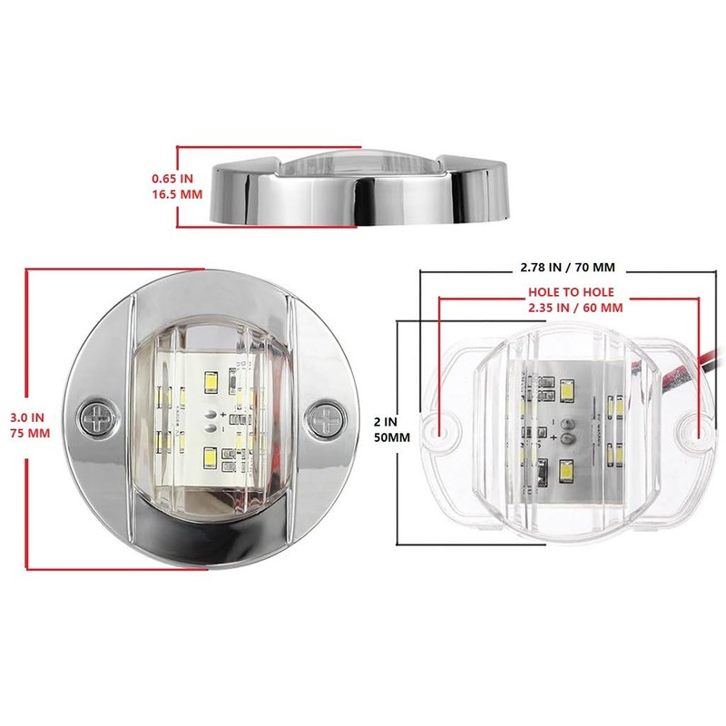 3" Inch Round Chrome Marine Boat Lights White LED Transom