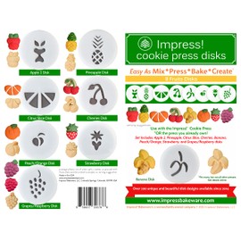 Impress Cookie Press Disks – Fruits Set of 8, Food Safe Plastic Shapes w/Citrus Slice, Banana, Cherries, & More, Fits Many Manual Models - See Disk Sizing Image to ensure fit w/your press