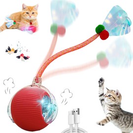 AUPJICX Interactive Cat Toys for Indoor Cats, Automatic Cat Toy with Elastic Mesh Tail, Electric Rolling Ball on Carpet, Chirping and Motion Activate Cat (Red)