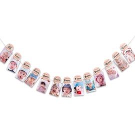 GIOGUK First Birthday Photo Banners - Baby Photo Banners From Newborn To 12 Months, Boys And Girls Monthly Milestone Garland, First Birthday Party Decorations, Baseball Themed Baby Shower Party