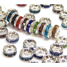 Pack of 50 Crystal Rhinestone Rondelle Colourful Spacer Beads, 6 mm Spacer Beads, Metal Beads, Crystal Beads, Mixed Colour, A Quality Rhinestone Beads, Rhinestones for Jewellery Making