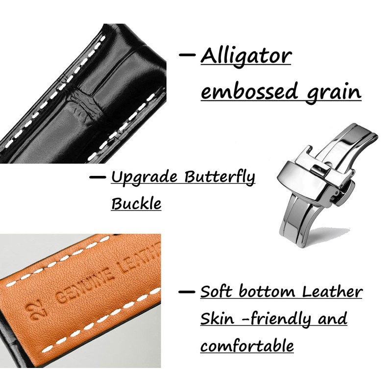 Moran Genuine Leather Watch Band, Quick Release, Polished, Deployment Buckle,