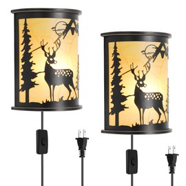 YLTLINK Rustic Wall Lamps Sconces Plug in,Deer Lamp Black Wall Sconces Set of Two,Farmhouse Sconce Lights Indoor,Bedroom,Hallway,Livingroom,Bedside,Porch,Stairway,Industrial Vintage Sconce Home Decor