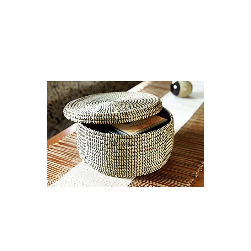 African Fair Trade Handwoven Lidded Storage Basket, Black/Natural