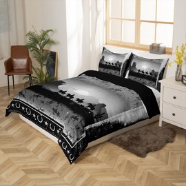 Feelyou Grey Western Comforter Cover Set Queen Size Wild Western Cowboy Bedding Set Horse Setting Sun Glitter Bedding Duvet Cover Set Horseshoes West Texas Star Bedspread Cover 3Pcs(No Comforter)