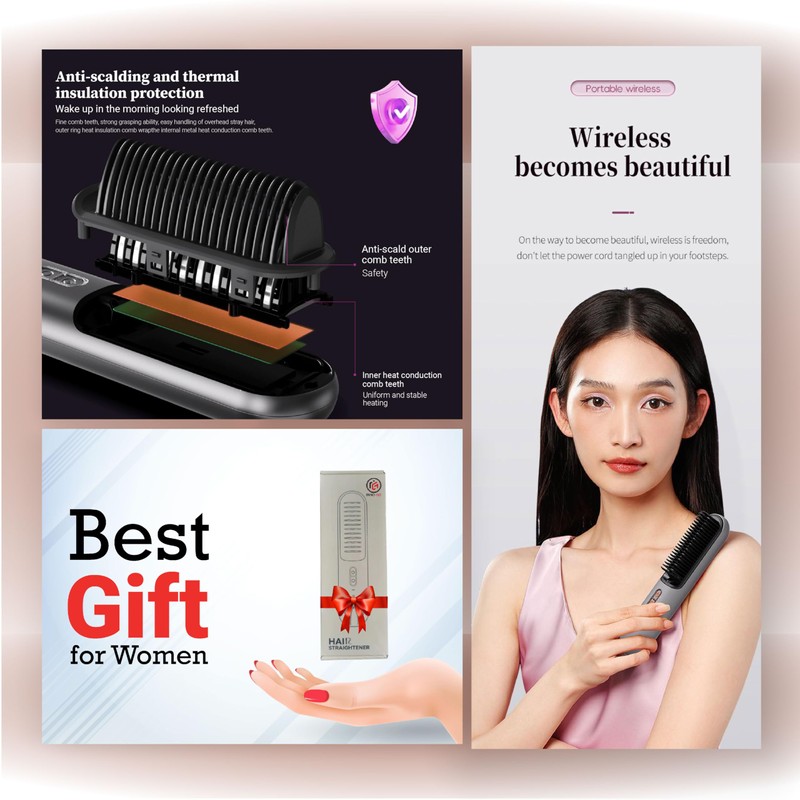 Upgraded Cordless Hair Straightened Brush, Portable Mini Straightening, Lightweight, Multifunctional