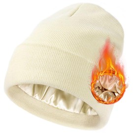 SeSe Code Cozy Satin Lined Beanie for Men and Women Soft Knit Slouchy Hat Warm Winter Cuffed Cap with Silk Lining for Ultimate Comfort - Color: Beige