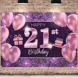 PAKBOOM Happy 21st Birthday Banner Backdrop - 21 Birthday Party Decorations Supplies for Women Her - Pink Purple Gold 4 x 6ft