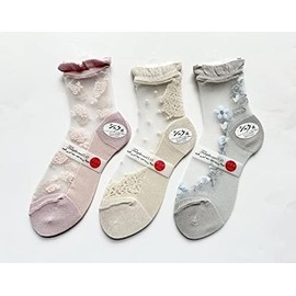 Made in Japan Women's Floral See-Through Socks, Silk Blend, Socks, Cute, Earth Color, 3 Pair Set (Pattern is random)