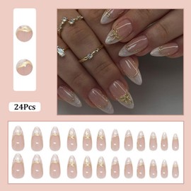 24Pcs Cute French Tip Press on Nails Medium Length Fake Nails Almond False Nails with Golden Stripes and Bow Design Artificial Acrylic Nails Press ons Full Cover Reusable Stick on Nails for Women
