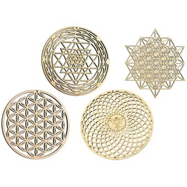 ZDSFSD 4Pcs Sacred Geometry Wall Art Flower of Life Grid Wooden Accent Decor Wooden Crystal Grid Board Wooden Wall Sculpture