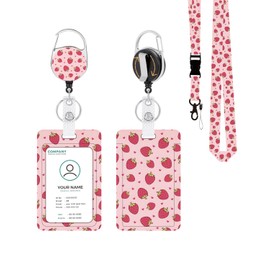 KWSAAHU ID Badge Holder with Lanyard, Detachable Lanyard and Retractable Badge Reel Clip, Vertical ID Protector Bage Clips for Man Woman Nurses Students Teachers Office Workers - Strawberry