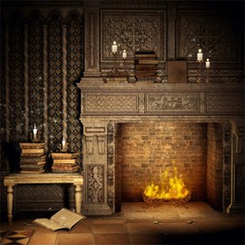 Laeacco Fantasy Room Interior Backdrop 6.5x6.5ft Vinyl Photography Background Flame and Fireplace Magical Books Candle Retro House Background