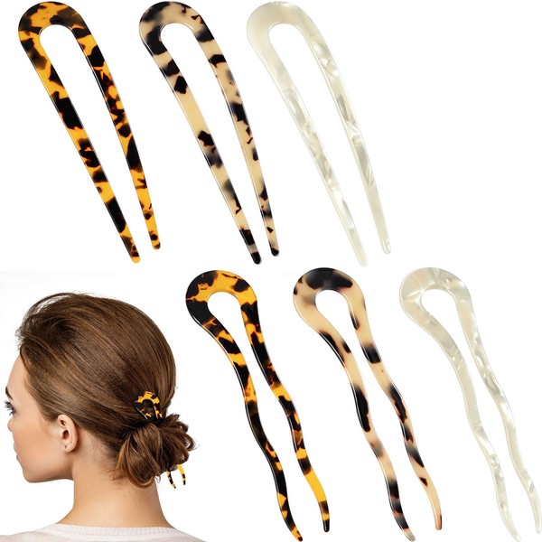 6 Pieces French Tortoise Hair Pins Tortoise Shell U Shaped Clips Large Wavy Crink Chignon Pins Cellulose Acetate Updo Bun Hair Sticks with 2 Prongs for Women Girls Hairstyle Accessories (Retro)