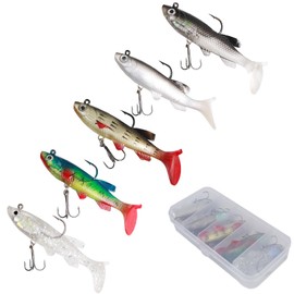 INMORVEN Set of 5 Rubber Fish Baits (3 x 9 cm + 2 x 8 cm) - Premium Fishing Lure for Zander, Perch & Pike - UV-Active Colours, Flavoured - Ideal for Jigging & Spin Fishing (5 Pieces T-Tail)
