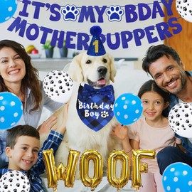 JOTFA Dog Birthday Decorations, Multi Sizes Dog Birthday Bandana Boy Dog Birthday Hat Numbers Bow Tie It’s My Bday Mother Puppers Sign Banner WOOF Balloons for Medium Large Dogs (Blue, Large)