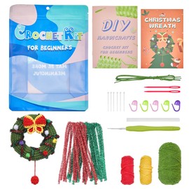 SUNNYCLUE 1 Box Christmas Crochet Kits Xmas Amigurumi Kit Cute Wreath Crocheting Complete Beginner Starter Step-By-Step Video Tutorial Learn to Stitch Crochet Knitting Kit for Adult Starters Beginners