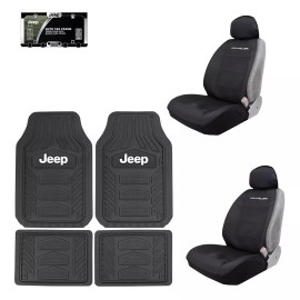 Jeep New 7pc JEEP RUBBER FLOOR MAT SET WRANGLER FRONT SEAT COVERS LICENSE PLATE FRAME