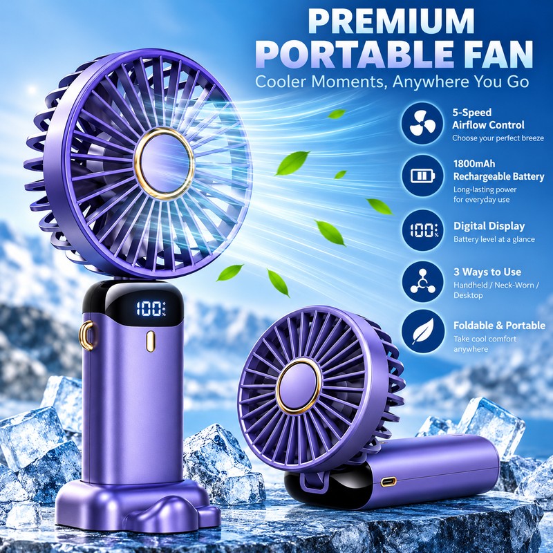 Portable Rechargeable Fan for Personal Cooling – 5-Speed Foldable Fan