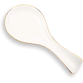 Patelai Ceramic Spoon Rest Spoon Holder Stovetop Spoon Holder for Kitchen Stove Coffee Bar Accessories (White with Gold Brim)