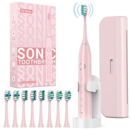 Rtauys S5 Sweeping Electric Toothbrush - Rechargeable Electric Toothbrushes with 8 Heads, Power Electric Toothbrush with Holder, 2.5 Hours Charge for 45 Days Battery Life - Pink