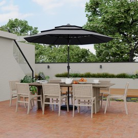 9 ft 3 Tiers Market Umbrella Outdoor, 3 Tiers Heavy Duty Patio Umbrella 8 Ribs, Outdoor Market Table Umbrellas with Ventilation and Hand Crank