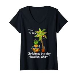 Women's Hawaiian Shirt Christmas Holiday Funny Hawaiian Xmas T-Shirt V-Neck, black