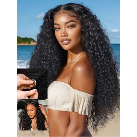 Nadula Bye Bye Knots Mixed Curls Water Wave and Jerry Curly Glueless Drawstring Wig Human Hair, 7x5 HD Pre Everything Glueless Wigs Pre Plucked Pre Cut Bleached Knots Ready to Wear 150% Density 18inch