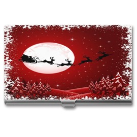 Niapessel Business Card Holder, Merry Christmas on Red Print Pocket Slim Portable Metal Business Card Case for Women Men, 3.7X2.2X0.3 Inch