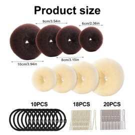 TopBine Hair Bun Maker Set, Donut Bun Maker Set With 4pcs Dark Brown &4pcs Beige(2 extra-large,2 large,2 medium and 2 small), 10 pieces Hair Elastic Bands, 38 pieces Hair Bobby Pins (Brown and Gold)