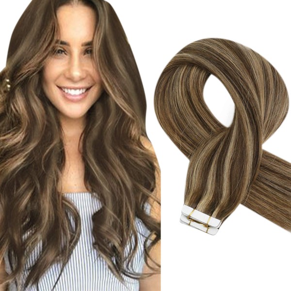Sunny Tape in Human Hair Extensions Caramel Blonde #27 Highlights Dark Brown #4 Tape in Extensions Human Hair Silky Straight Highlighted Tape Hair Extensions 20 inch 20pcs 50g