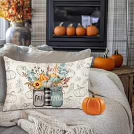 FUYUCHEN Fall Mason Jar Pillow Cover 12x20 Inch Autumn Pumpkin Flowers Lumbar Throw Pillow Case Thanksgiving Holiday Seasonal Farmhouse Decoration for Sofa Couch