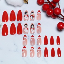 Christmas Press on Nails Almond-24Pcs Red Artificial Fake Nails with Snowman Designs Winter Xmas Glossy Full Cover Medium Acrylic False Nails Glue Stick on Fingernails for Women Girls