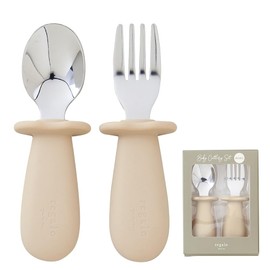 regalo Baby Spoon and Fork Set, Weaning Food, Eat Yourself, Easy to Grip, Practice, Over 10 Months, SUS316L Stainless Steel Baby Cutlery Set (Ash Beige)