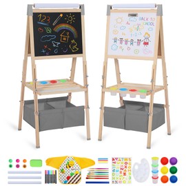 TODEFULL 3 in 1 Adjustable Kids Art Easel Set, Dual-Sided Wooden Art Station w/Magnetic Whiteboard, Chalkboard & Paper Roll, Height Adjustable Standing Painting Easel for Toddlers Ages 3+, Gray
