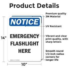 (2 Pack) Emergency Flashlight Here OSHA Notice Sign 10 Inch X 14 Inch Vinyl Label Decal Sticker Weather Resistant, UV Protected for Workplace, Business, and Construction Site, Made in the USA