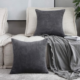 Home Brilliant 2 Pack Winter Decoration Super Soft Striped Corduroy Decorative Euro Throw Pillow Sham Cushion Cover for Couch, 26x26 inch(66cm), Dark Grey
